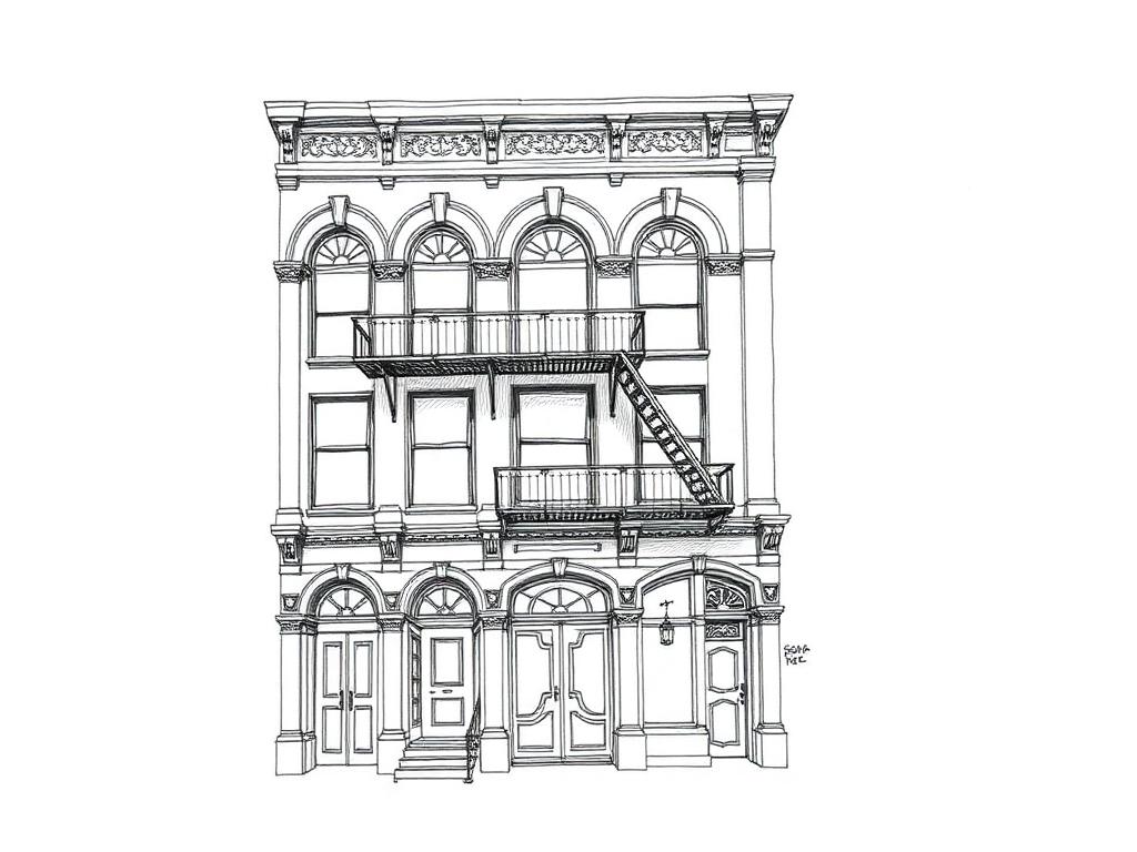 Ink sketch of a SoHo cast-iron loft facade