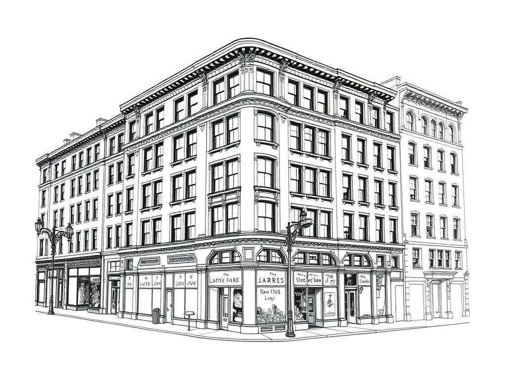 Ink sketch of Union Square store-and-loft buildings