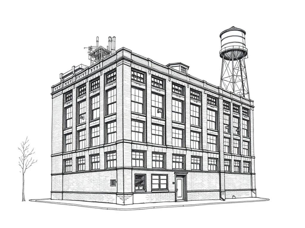 Ink sketch of a Williamsburg daylight factory loft building